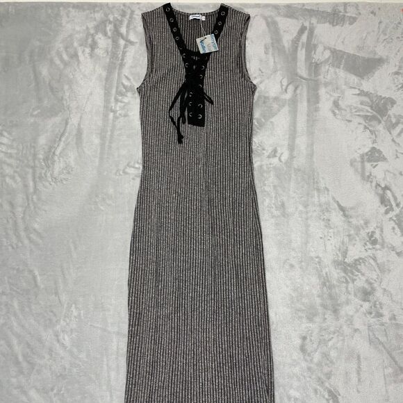 ValleyGirl Dress Small Black/Grey Sleeveless Full Length Tie Front Solid NEW - Picture 1 of 6